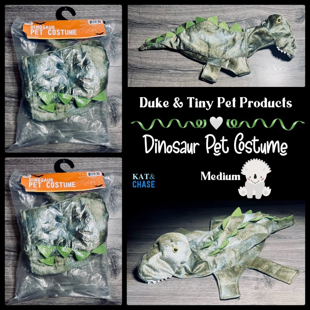 Pet Dinosaur Costume Duke & Tiny Dog S or Cat M - Plush Trex T Rex 13-17" Neck